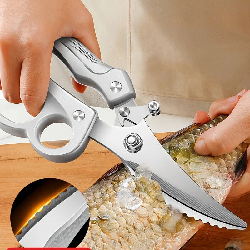 1pc Heavy-Duty Kitchen Shears with Spring-Loaded Ejector & Non-Slip Ergonomic Handle for Chicken Bones, Fish Spines, Hard Shells