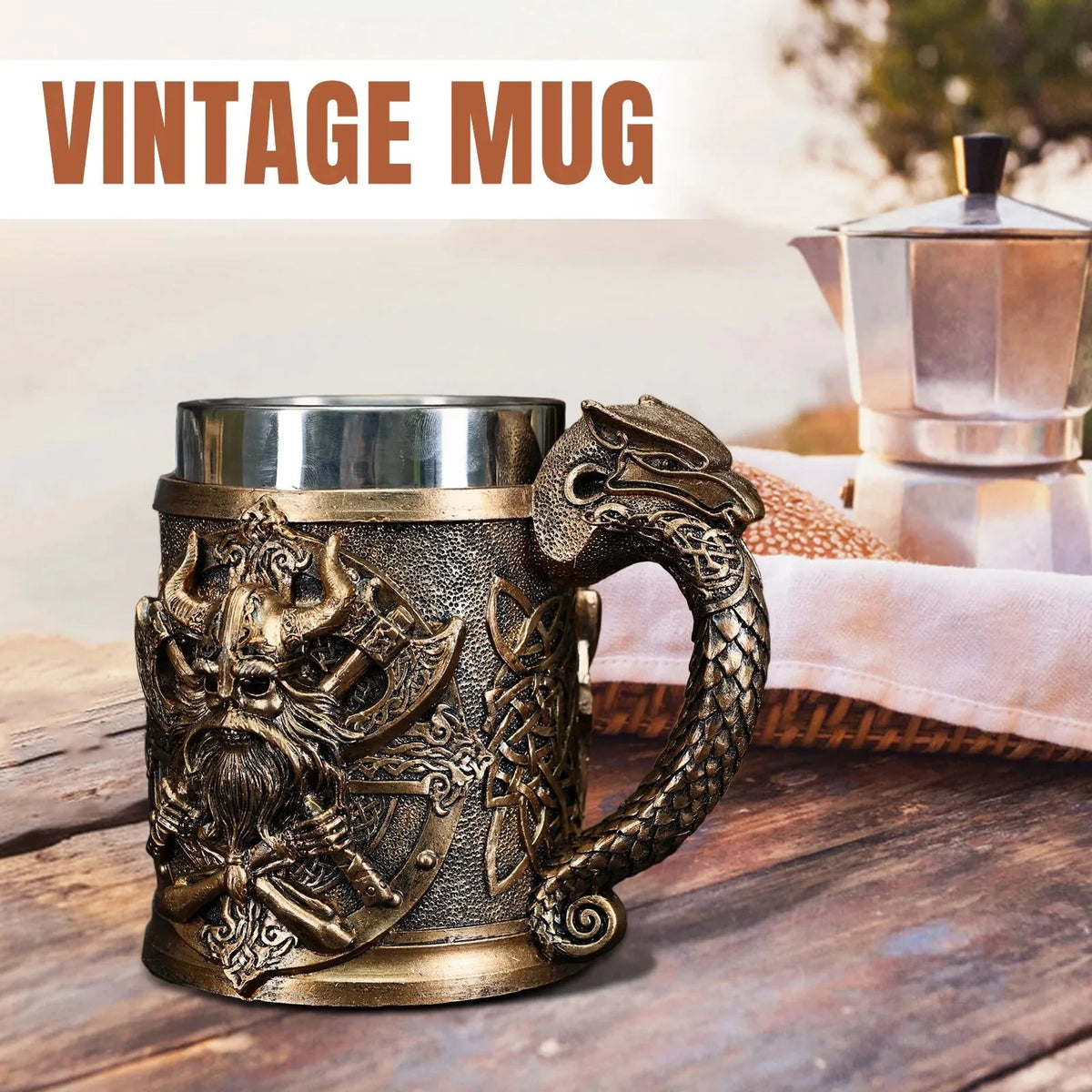 Viking Warrior Dragon Handle Beer Mug, Norse Rune Imitation Wood Resin Tankard with 304 Stainless Steel Liner