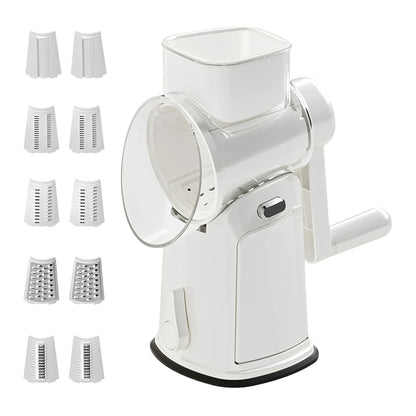Cheese Grater with Rotary Hand Crank, Vegetable Chopper with Replaceable Stainless Blades, Strong Suction Base, Easy-Clean Multipurpose Kitchen Slicer