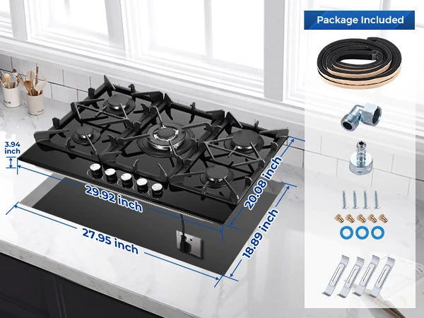30 Inch 5 Burners Stove Top Built-in NG/LPG Convertible with Thermocouple Protection Gas Cooktop