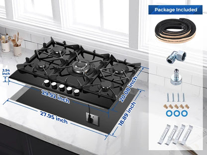 30 Inch 5 Burners Stove Top Built-in NG/LPG Convertible with Thermocouple Protection Gas Cooktop