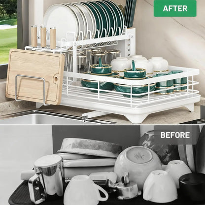2-Tier Carbon Steel Dish Drying Rack for Kitchen Counter, Large Capacity Dish Drainer with 360° Swivel Spout, Rust-Proof Utensil & Cutting Board Holder