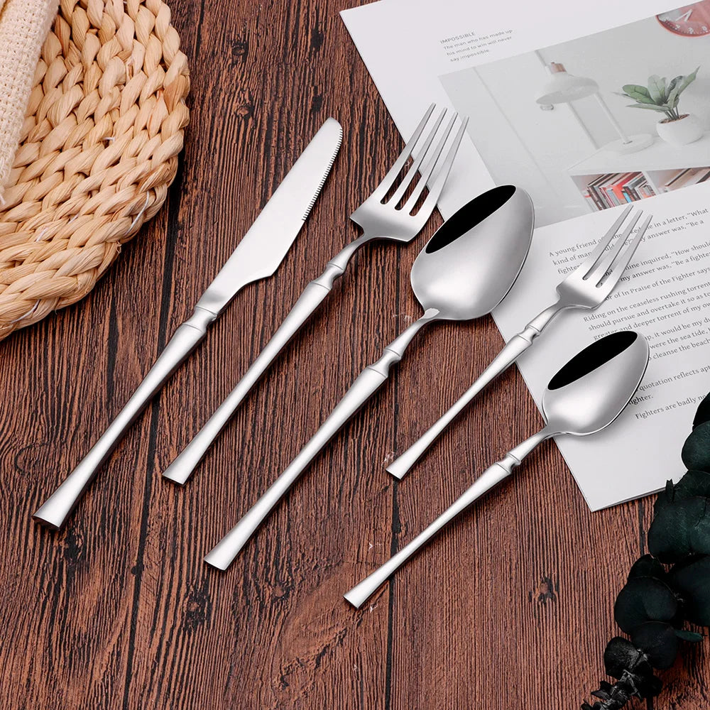 6/24/30Pcs Thin Cutlery Stainless Steel Sliver Tableware Western Dinner Set Solid Color Knife Fork Spoon Mirror Kitchen Utensils