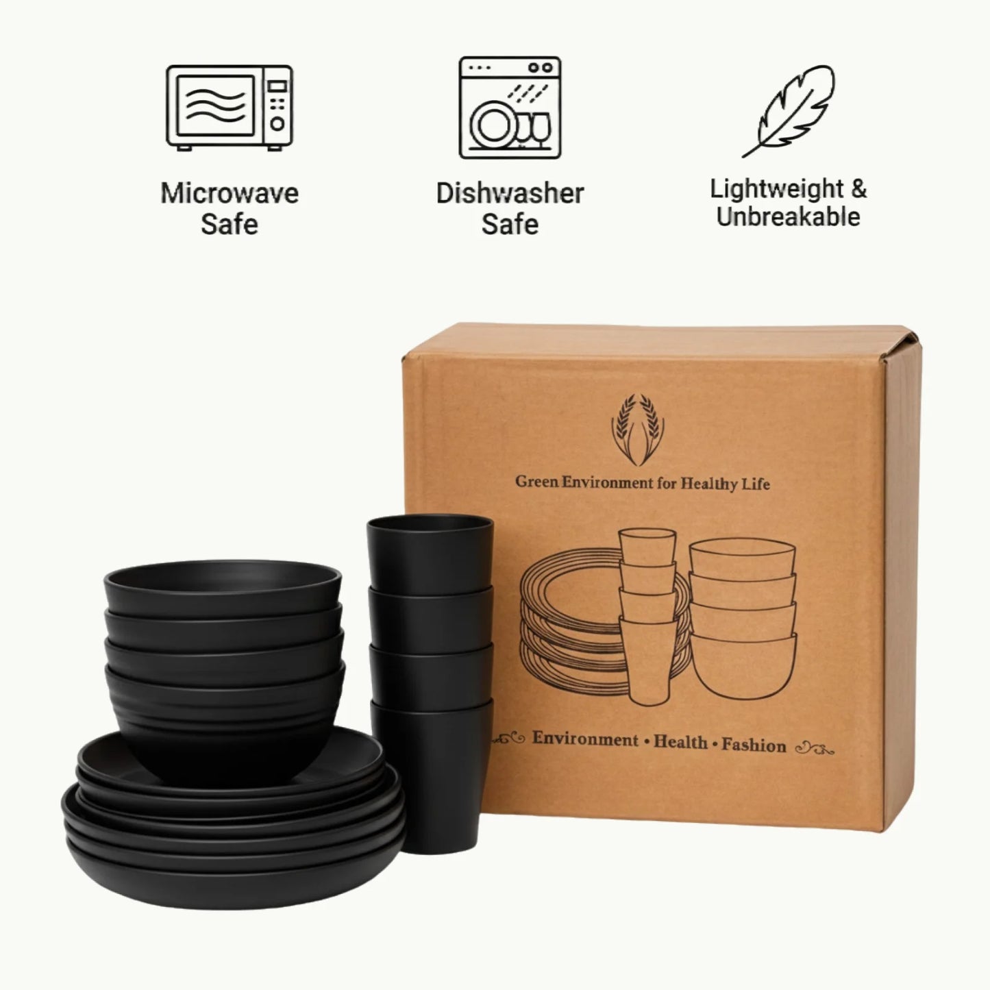 16 PCS Wheat Straw Dinnerware Set, Unbreakable Plates Bowls Cups for 4, Lightweight Microwave & Dishwasher Safe Tableware