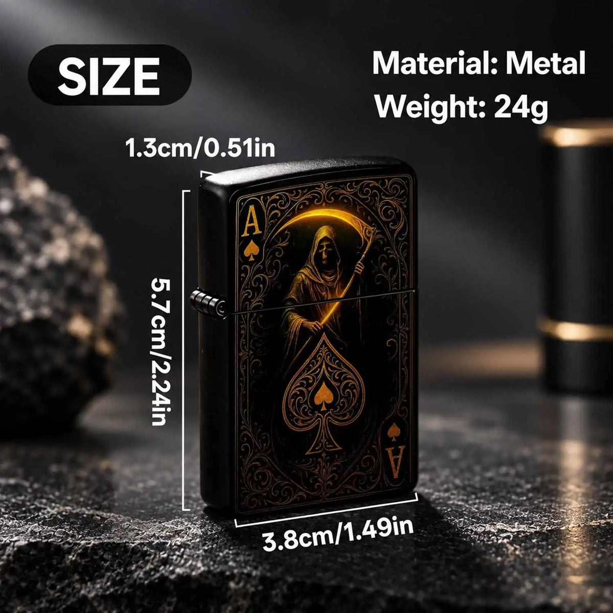 Retro Grim Reaper Ace Of Spades Themed Lighter, Exquisite Gold Foil Engraved Art Stylish Accessory, Portable Versatile Daily Use Ignition Tool, Unique Creative Present For Party Travel Gatherings All Scenarios A Humorous And