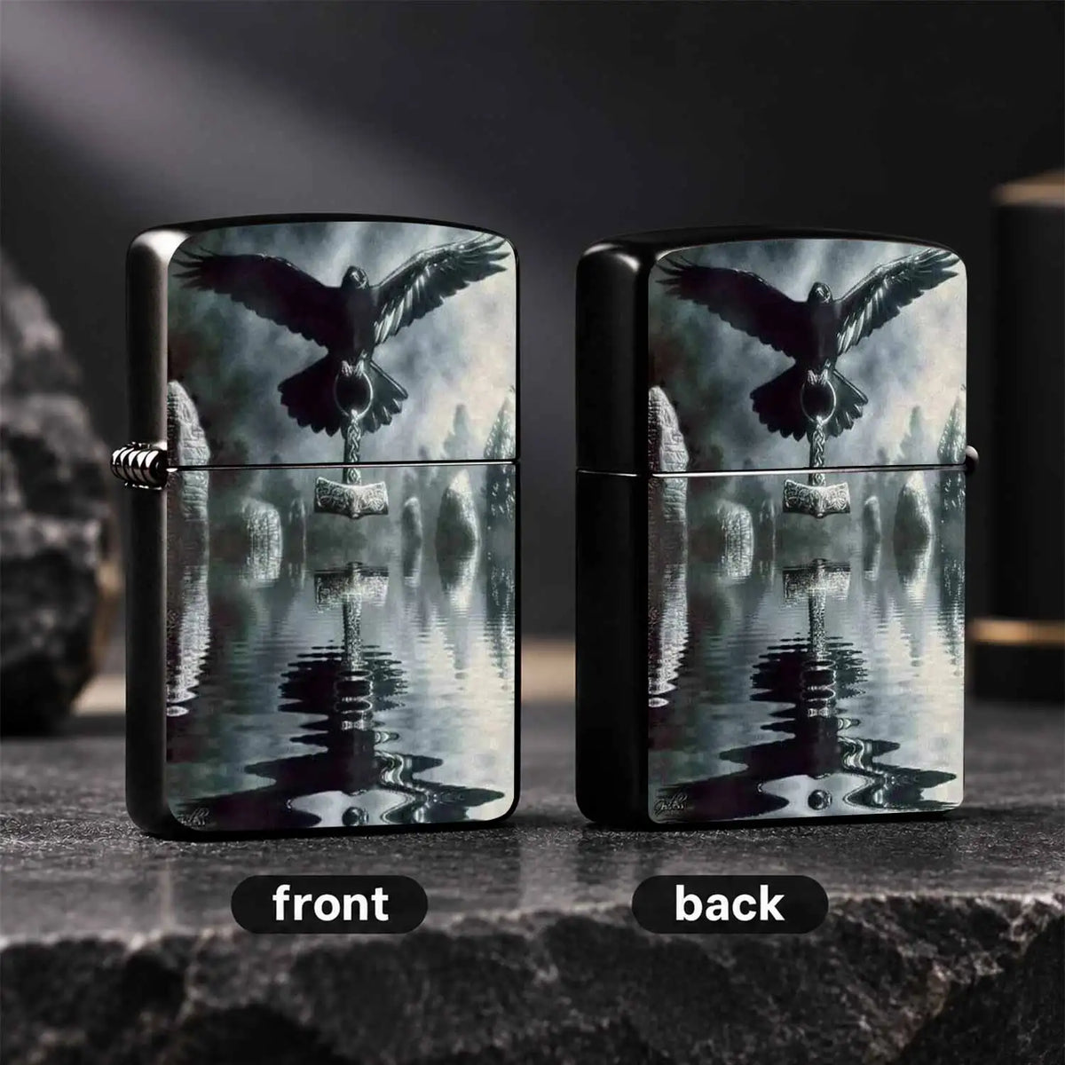 Norse Mythology Themed Lighter With Art Print Of Raven Holding Mjolnir, Misty Ancient Circle Aesthetic Original Design, Portable Delicate Practical Accessory Suitable For Daily Outdoor Gatherings And Various Occasions, Creati