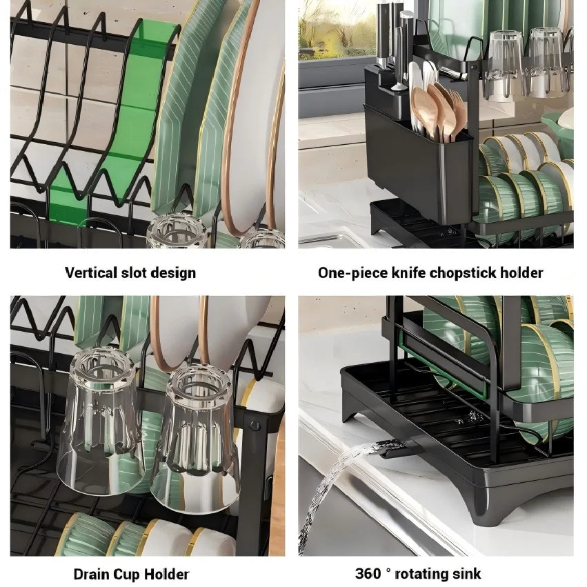 2 Tier Dish Drying Rack Kitchen Bowl Drainer Storage Rack Tableware Drain Chopsticks Knife Fork Water Cup Storage Holder 2 Tier