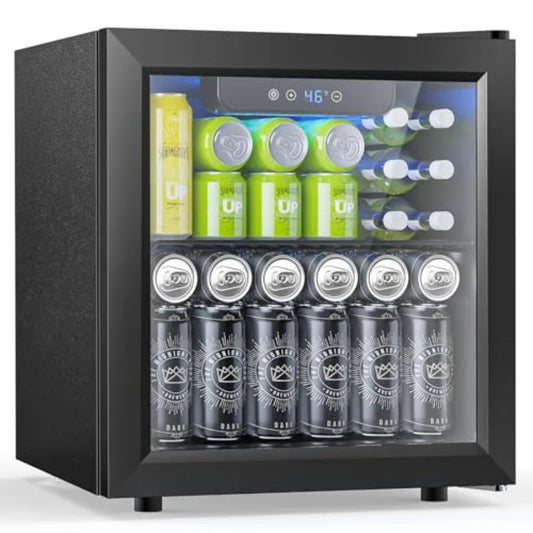 Beverage refrigerator for home dorm bar use, black glass-door mini fridge with adjustable digital temperature control, holds 50