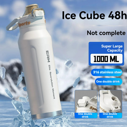 1L Thermos Bottle Stainless Steel Iced And Heat Insulated Cups Hiking Cycling Fitness Vacuum Flasks with Handle
