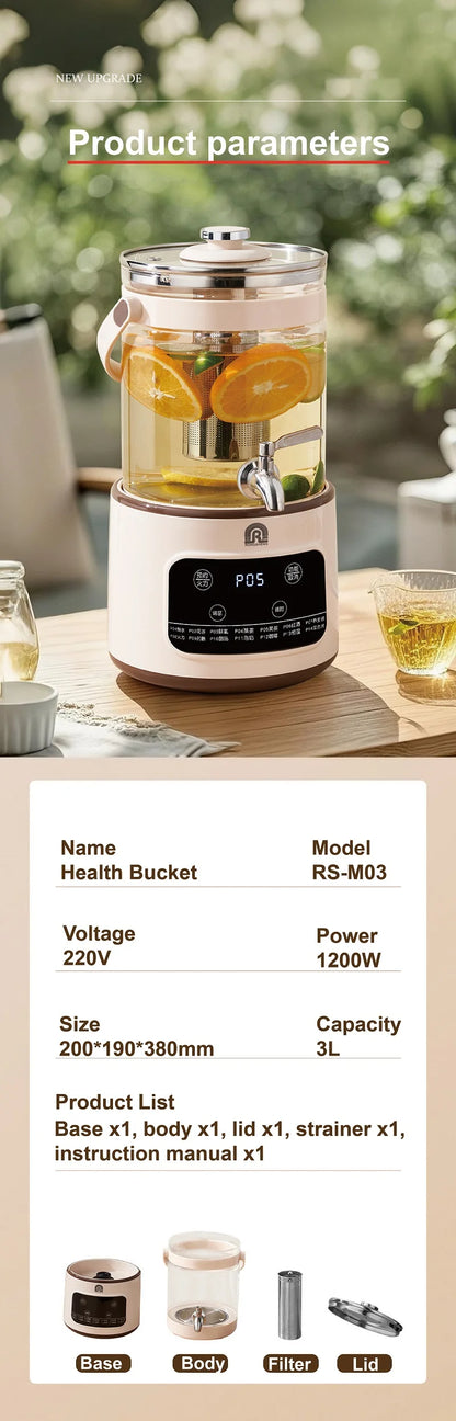 1200W/3L Home Electric Kettle Multifunctional Health Pot Glass Flower Teapot Soup Stew Pot Commercial Faucet Fruit Tea Bucket