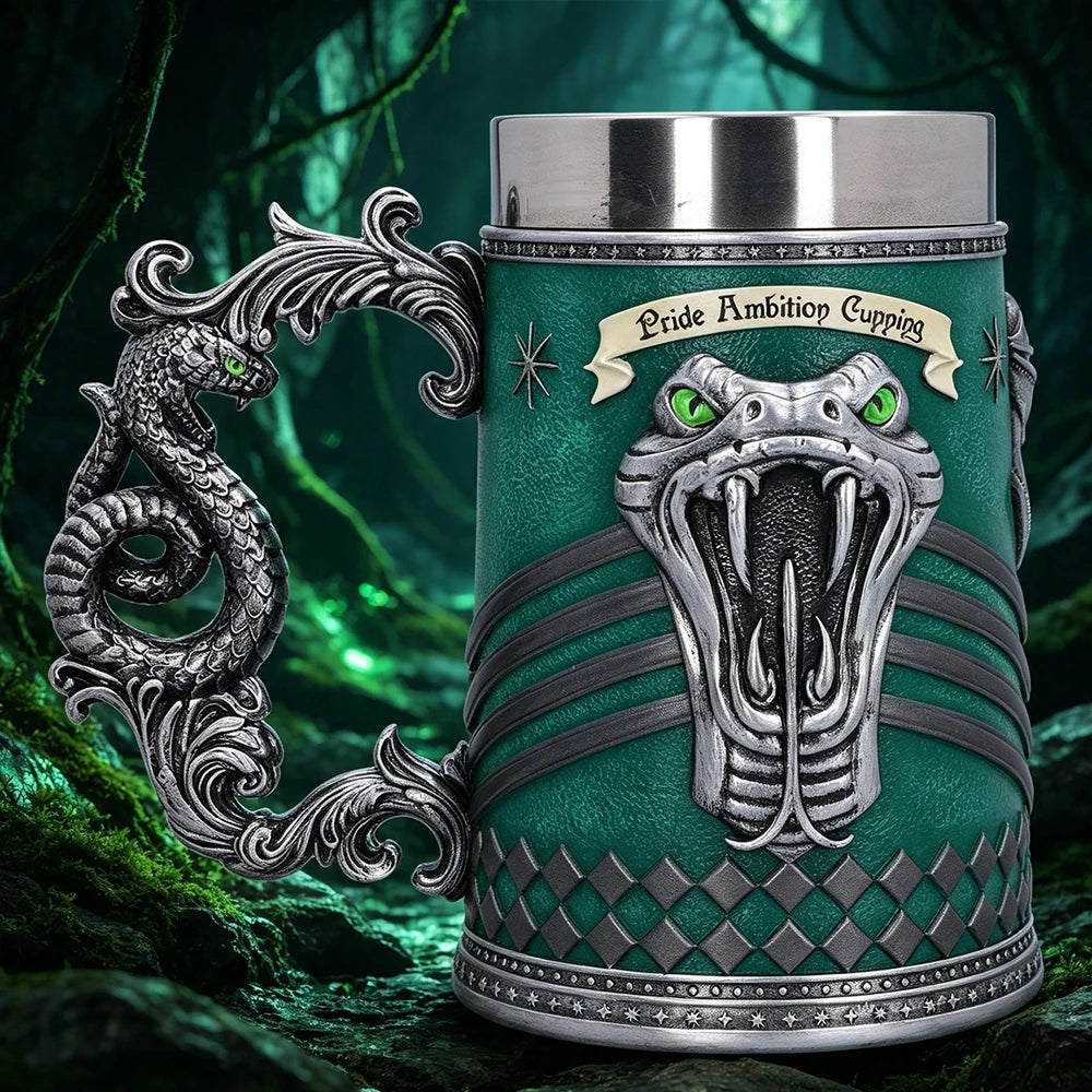 Vintage Medieval Heraldic Crest Beer Mug Lion Eagle Snake Badger Sculpture Handle Resin Stein Mug with Stainless Steel Liner