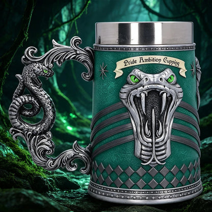 Vintage Medieval Heraldic Crest Beer Mug Lion Eagle Snake Badger Sculpture Handle Resin Stein Mug with Stainless Steel Liner