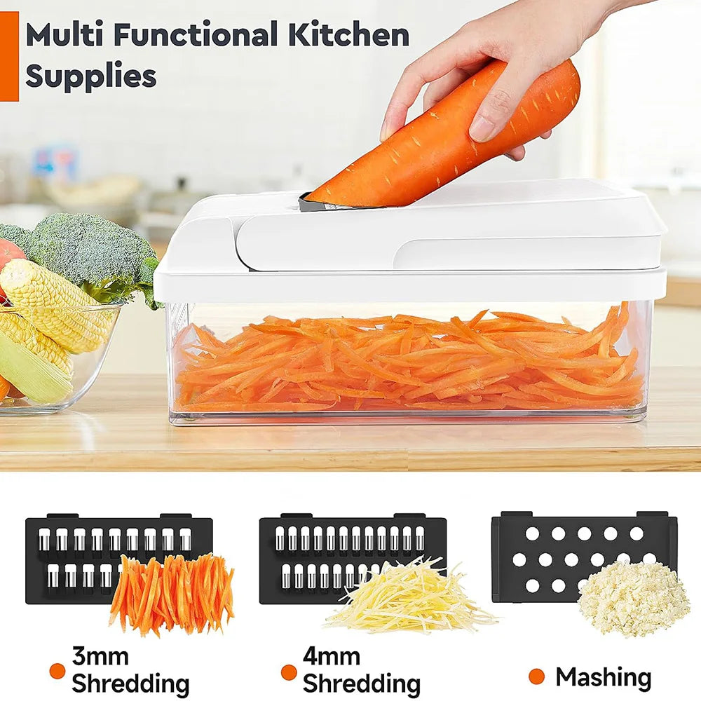 15-in-1 Vegetable Chopper, 7 Blade Veggie Chopper, Practical Food Chopper with Container, Cheese Grater, Home Essentials