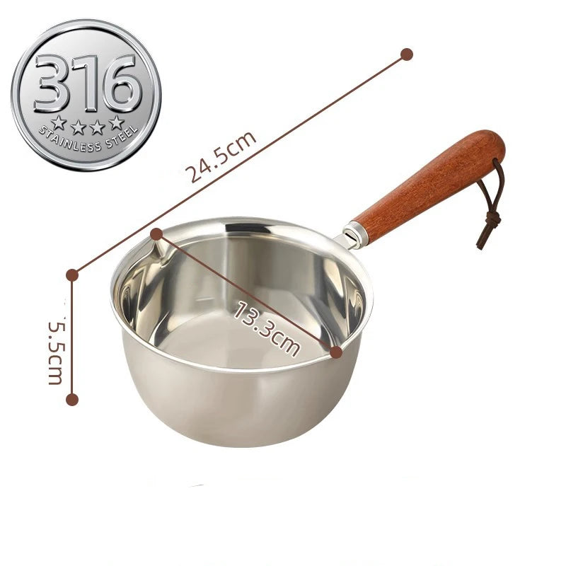 316Stainless Steel Oil Pot Mini Hot Milk Pan Frying Pan Wooden Handle Small Saucepan Boiling Butter Melt Pot Kitchen Accessories
