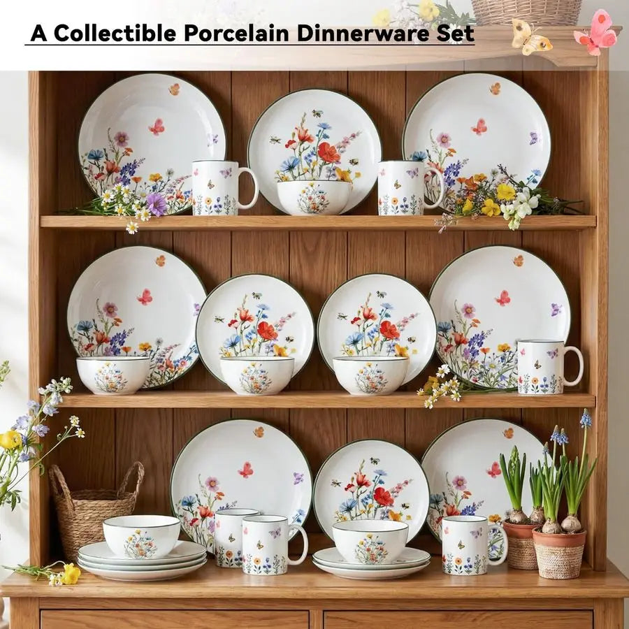 16 Pcs Wildflower Ceramic Dinnerware Set for 4 Guest Floral Dish Set Spring Butterfly Dinner Plates Salad Plates Bowl Mug Kitche
