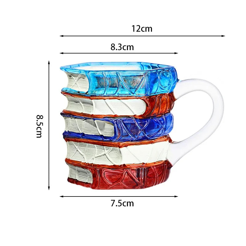 JUSTINLAU Irregular Painted Book Mug Coffee Cup High Borosilicate Glass Drinking Cup with Handle Book Cup Beer Mug Breakfast Cup
