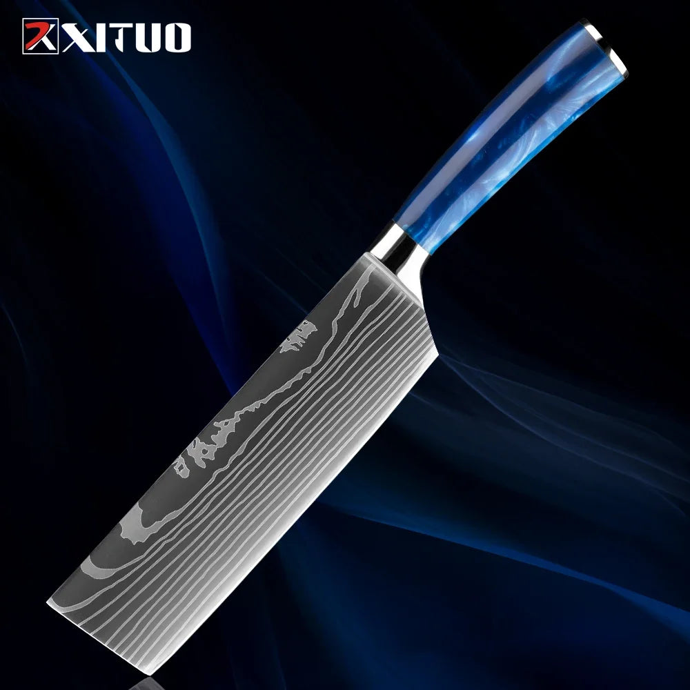 Stainless Steel Chef Knife Kitchen Knife Set 1-8Piece Razor-Sharp Paring Knife, Boning Knife, Santoku Knife, Blue Resin Handle