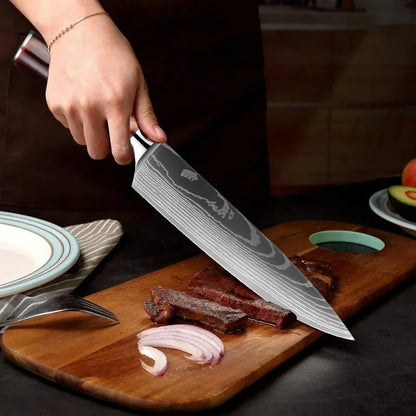 Damascus Pattern Knives Set Stainless Steel Chef Knife Japanese Santoku Knife Boning Knife Meat Cleaver Household Bread Knives