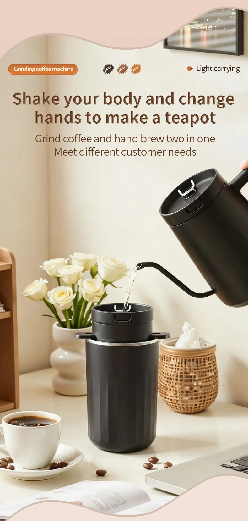 2-in-1 Wireless Portable Coffee Machine – Grind Beans & Hand Brew Anywhere for Camping & Outdoor Adventures