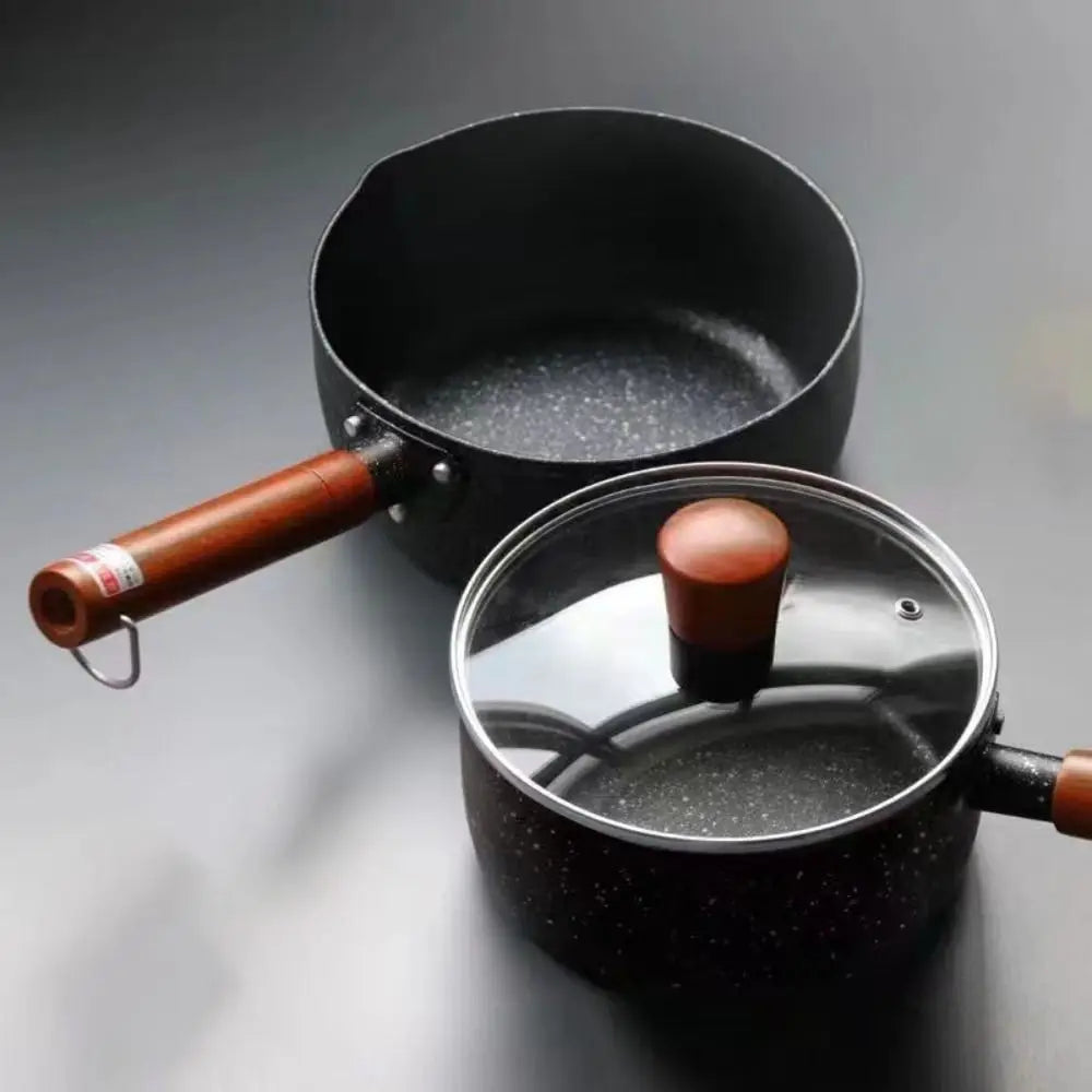 Non-Stick Milk Pot Wood Handle Universal Soup Pot Japanese Style with Lid and Pour Spout Cooking Saucepan Baby Food