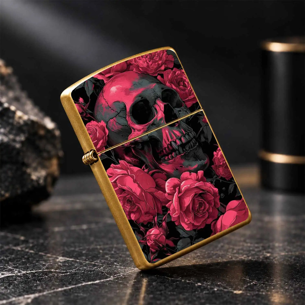 Vibrant Rose Red Skull Rose Pattern Lighter, Punk Aesthetic Solid Durable Housing PORTABLE Lighter for Outdoor Camping Daily Use, Creative Exquisite Practical Gift for Smokers Friends Halloween Gothic A Fun and Humorous Light