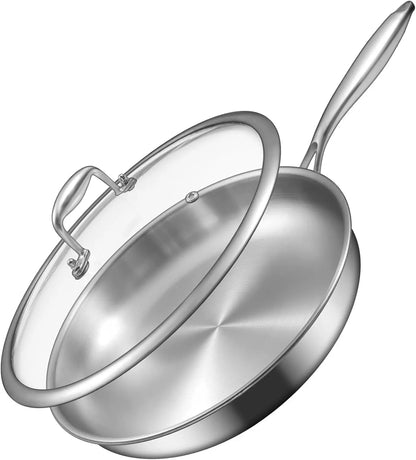 12-Inch Stainless Steel Frying Pan with Lid, Induction-Ready, Oven & Dishwasher Safe for All Cooktops