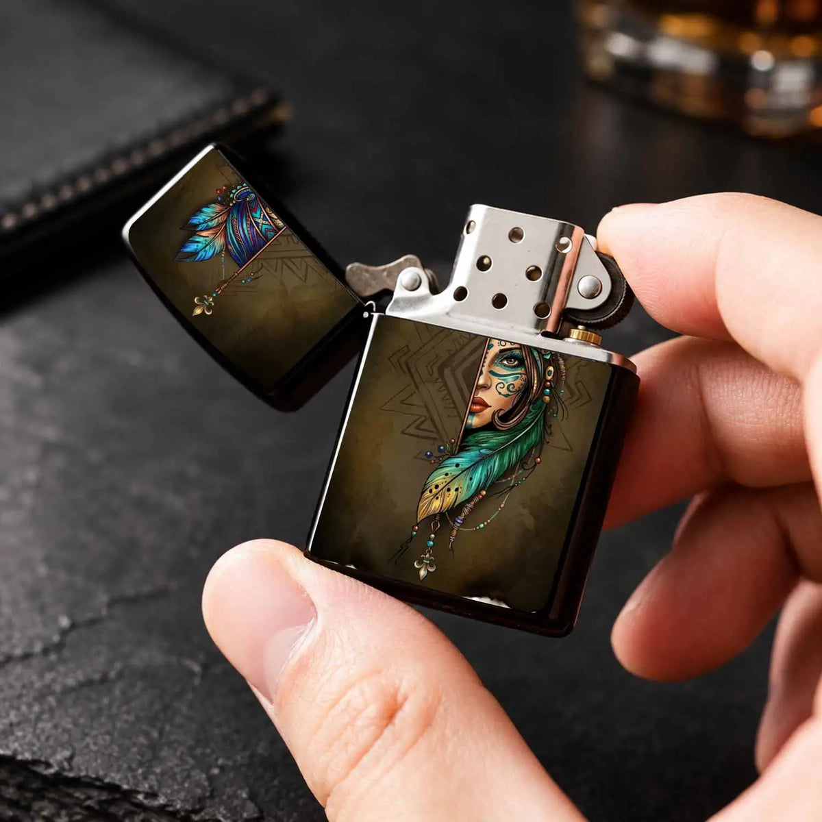 Creative Lighter with Tribal Totem Feather Half-Faced Lady Pattern Retro Art Style Decorative Igniter Portable Stylish Accessory Daily Carry Practical Item Unique Exquisite Gift for Friends Family Suitable  A Humorous and Int