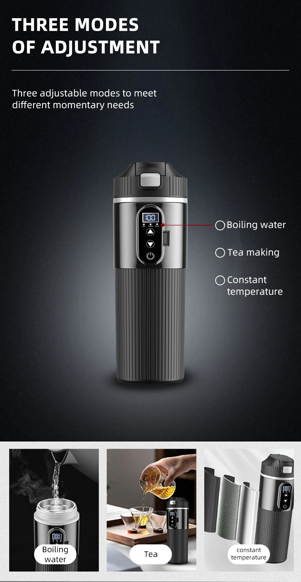 Yanace Smart Car Kettle 12V/24V Portable Electric Heating Cup with Digital Display Camping Office 500ml Capacity Black Design