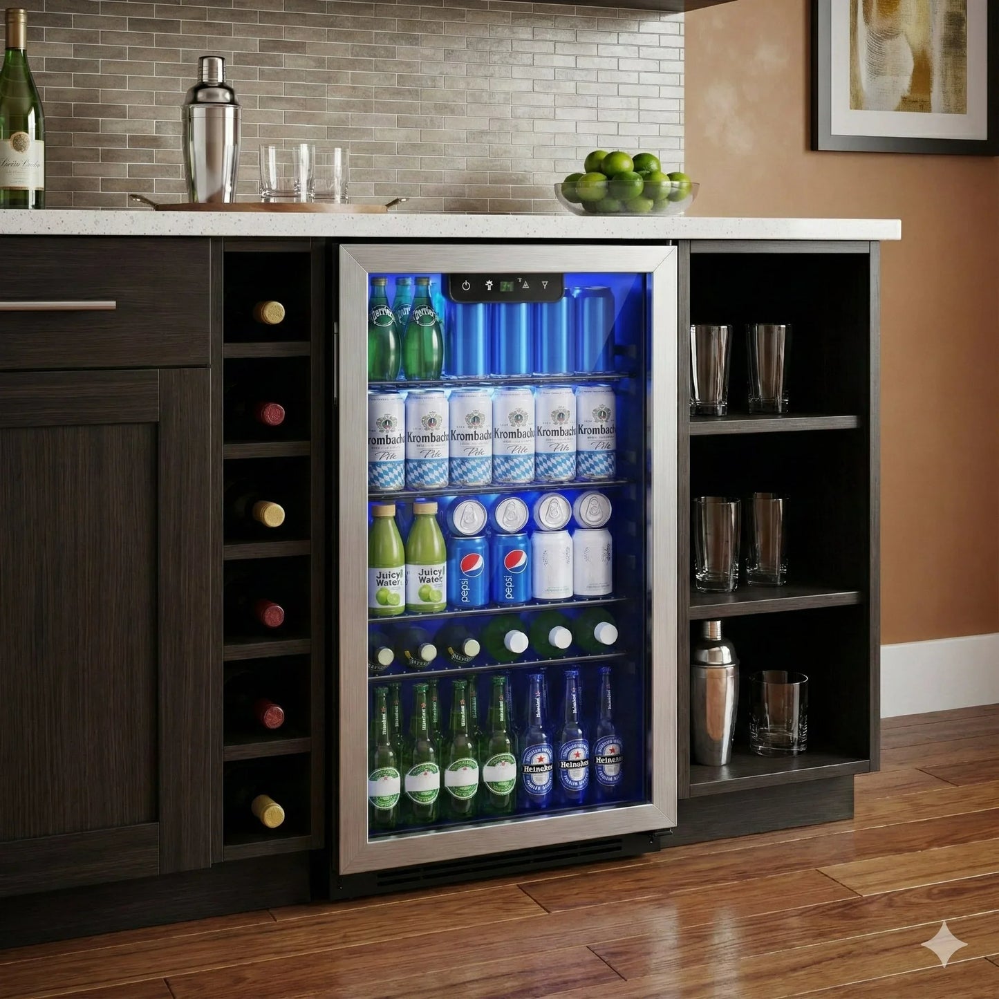 125-Can Beverage Refrigerator and Cooler with Glass Door in Silver, 17.3 in D x 31.5 in H, Energy-Efficient and Durable Mini Fridge for Home, Kitchen, Office, or Bar, Ideal for Soda, Beer, Water, and Drinks Storage, Stylish,