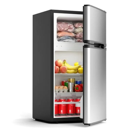 Dorm fridge with freezer for bedroom, office, kitchen, dorm: silver stainless steel, 2.5 cu.ft capacity, double reversible door