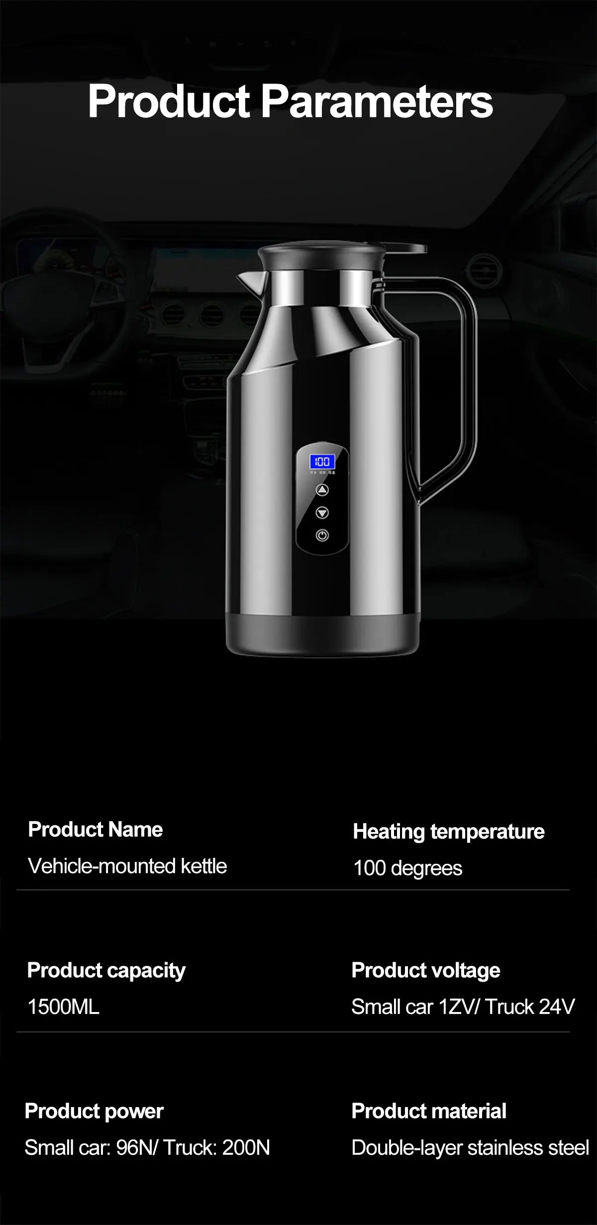 Portable Car Hot Kettle 1.5L Large Capacity 304 Stainless Steel Portable Water Heater Auto Travel 12V 24V For Coffee Tea