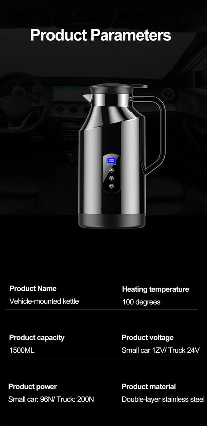 Portable Car Hot Kettle 1.5L Large Capacity 304 Stainless Steel Portable Water Heater Auto Travel 12V 24V For Coffee Tea