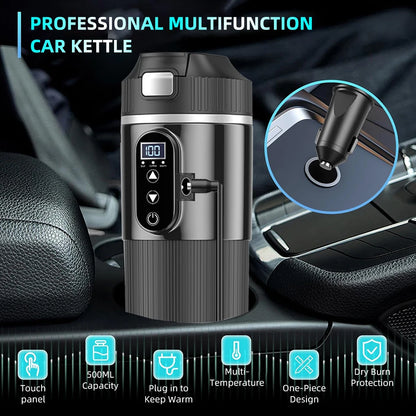 Yanace Smart Car Kettle 12V/24V Portable Electric Heating Cup with Digital Display Camping Office 500ml Capacity Black Design
