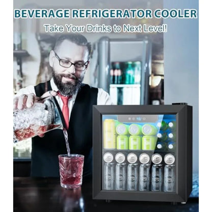 Beverage refrigerator for home dorm bar use, black glass-door mini fridge with adjustable digital temperature control, holds 50