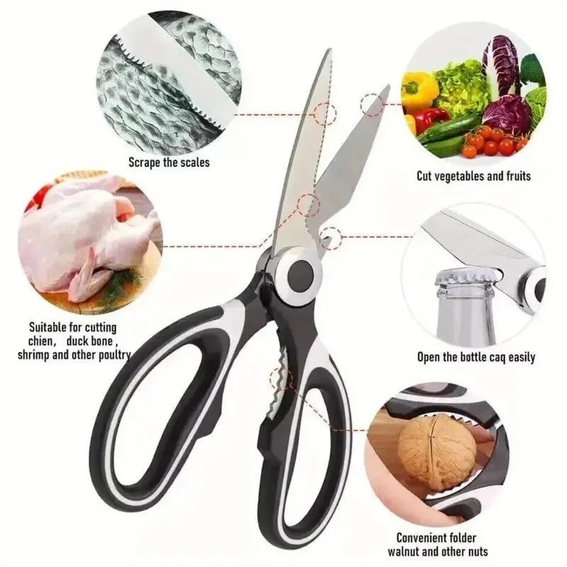 Multifunctional Stainless Steel Kitchen Scissors Heavy Duty for Cutting Bones Vegetables Opening Bottles Cracking Nuts