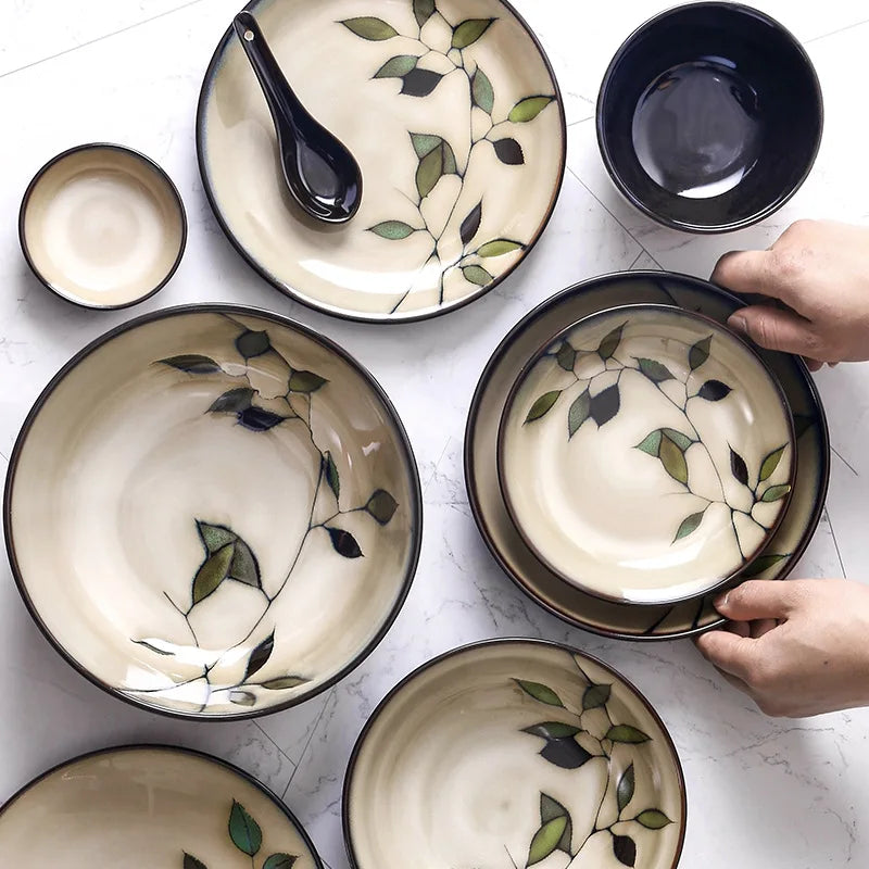 Bamboo Leaf Ceramic Tableware Set Japanese Rice Bowl Large Soup Noodle Bowl Retro Underglaze Hand Painted