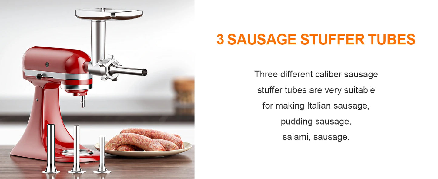 Meat Grinder and Slicer Shredder Attachments for KitchenAid Stand Mixer 2 Piece Set with Sausage Stuffer Tubes