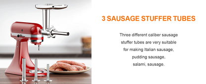 Meat Grinder and Slicer Shredder Attachments for KitchenAid Stand Mixer 2 Piece Set with Sausage Stuffer Tubes