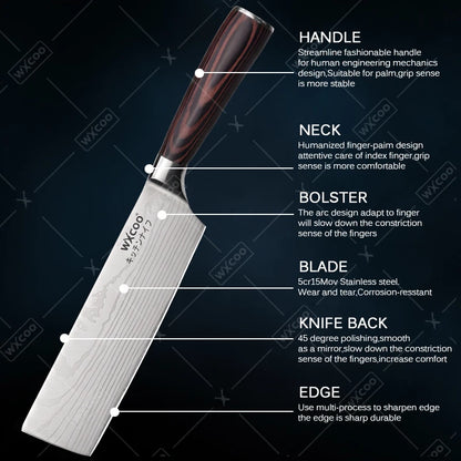 WXCOO Santoku Butcher Carving Knife Japanese Kitchen Knives High Carbon Steel Knife Set Fruit Bread Meat Cleaver Boning Knife