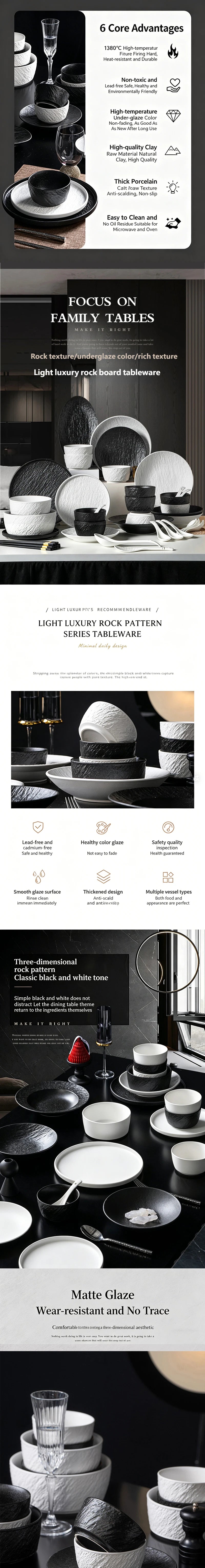 Tableware Set Black And White Rock Slab 8/16/34/55pcs Ceramics Dish Sets Full Set Luxury Dinnerware Set For 2/4/6/8/10 Persons