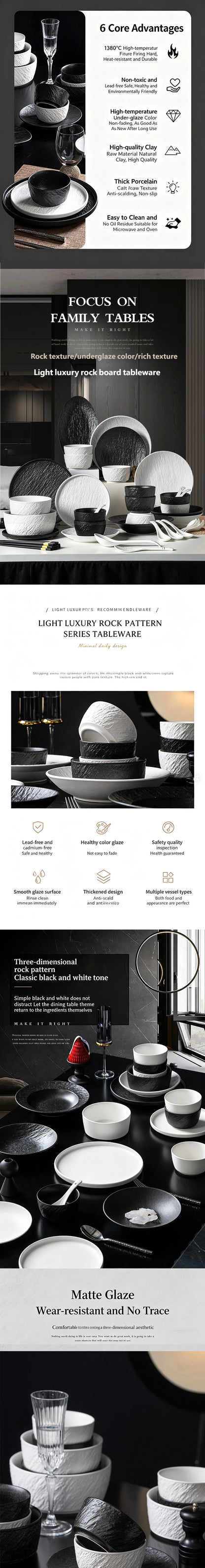 Tableware Set Black And White Rock Slab 8/16/34/55pcs Ceramics Dish Sets Full Set Luxury Dinnerware Set For 2/4/6/8/10 Persons