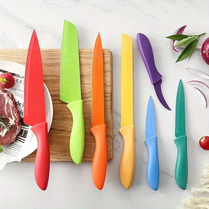 7Pcs Professional Colorful Kitchen Knife Set, Vibrant Food-Safe Coating High Carbon Stainless Steel Knives, Ergonomic Non-Slip H