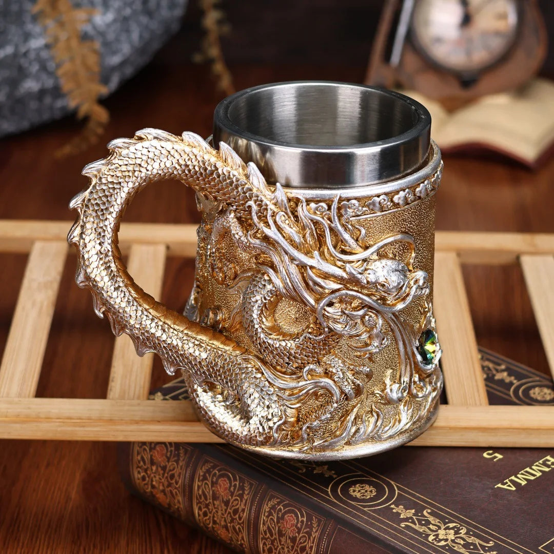 600ML Golden Copper Dragon Beer Resin Tankard 304 Stainless Steel  Medieval Tea Cup Coffee Beer Mug Copper Color New Party Bar