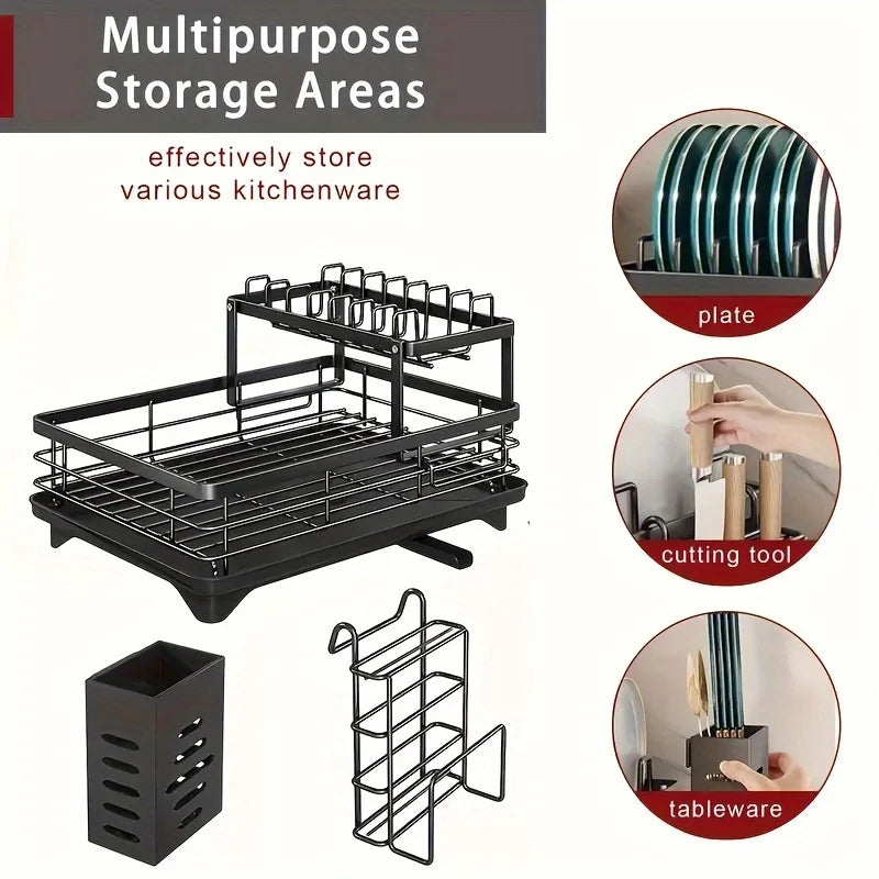 2-Tier Carbon Steel Dish Drying Rack for Kitchen Counter, Large Capacity Dish Drainer with 360° Swivel Spout, Rust-Proof Utensil & Cutting Board Holder
