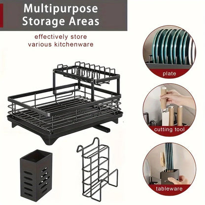2-Tier Carbon Steel Dish Drying Rack for Kitchen Counter, Large Capacity Dish Drainer with 360° Swivel Spout, Rust-Proof Utensil & Cutting Board Holder