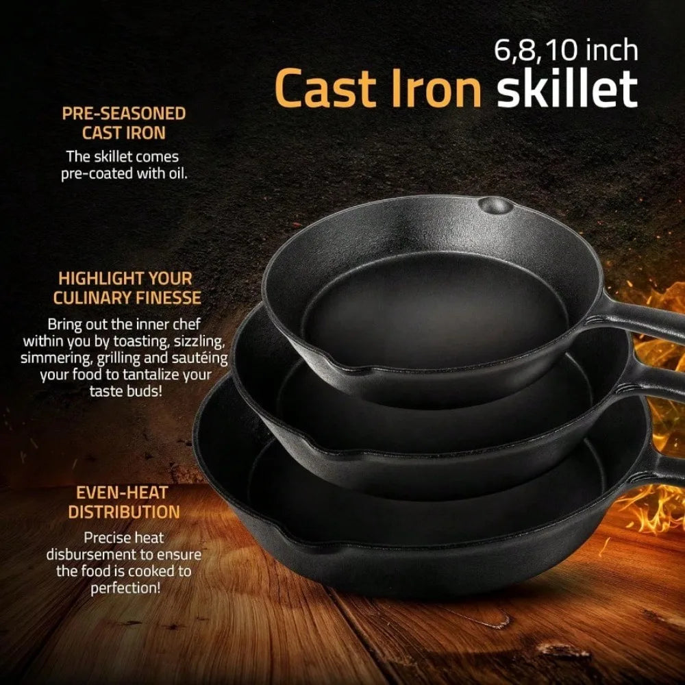 3-Piece Cast Iron Skillet Set – Pre-Seasoned Chefs Pans for Oven, Stove, Grill, or Campfire, Black