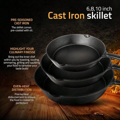 3-Piece Cast Iron Skillet Set – Pre-Seasoned Chefs Pans for Oven, Stove, Grill, or Campfire, Black