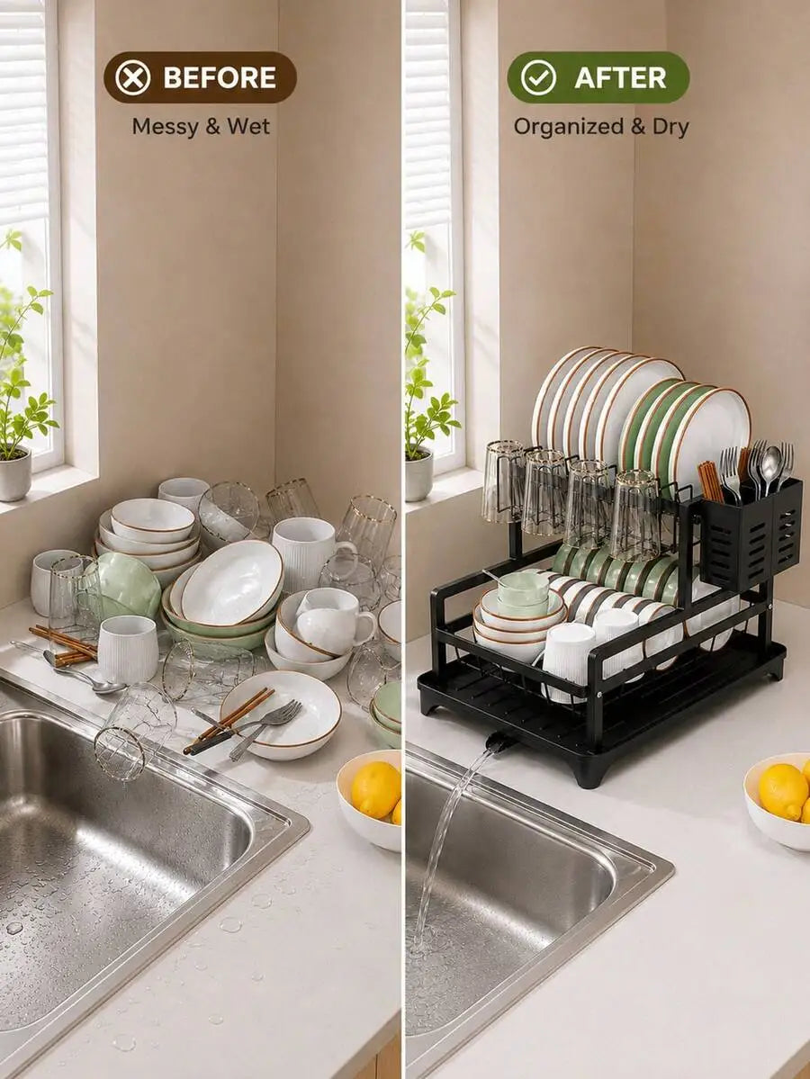 Dish Drying Rack - Kitchen Orangizer/Kitchen Essentials/Home Accesssories/Stainless SteelPerfect For Small Apartment Kitchen, Compact Dish Drying Rack With Large Capacity Storage, Countertop Organizer With Plate Rack, Cup Hol