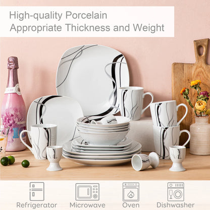 VEWEET FIONA 20/40 Piece Black Stripe Porcelain Dinner Kitchen Plate Combi-Set with Egg Cup/Mug/Bowl/Dessert Plate/Dinner Plate
