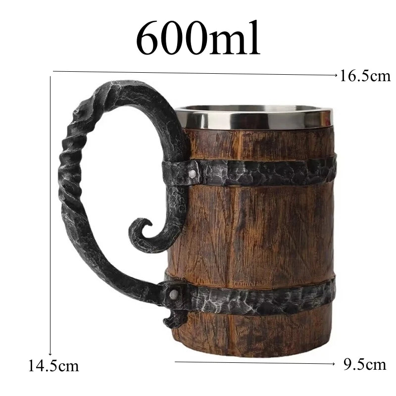 600ml Viking Wood Style Insulated Beer Mug Double Wall Metal Drinking Cup Simulation Wooden Barrel Design Gift